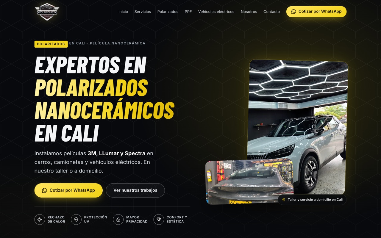 Captura de la página web de Polarizados Cali en escritorio